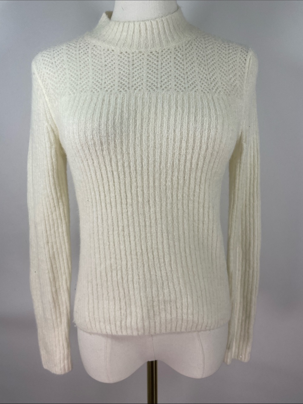 Club Monaco Pointelle Yoke Ivory Ribbed Mock Neck Sweater S/P Alpaca Wool Blend